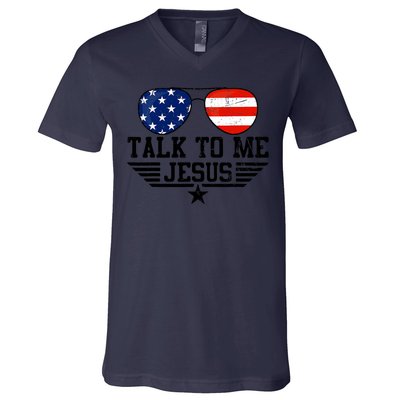 Talk To Me Jesus Glasses Usa Flag V-Neck T-Shirt