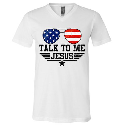 Talk To Me Jesus Glasses Usa Flag V-Neck T-Shirt