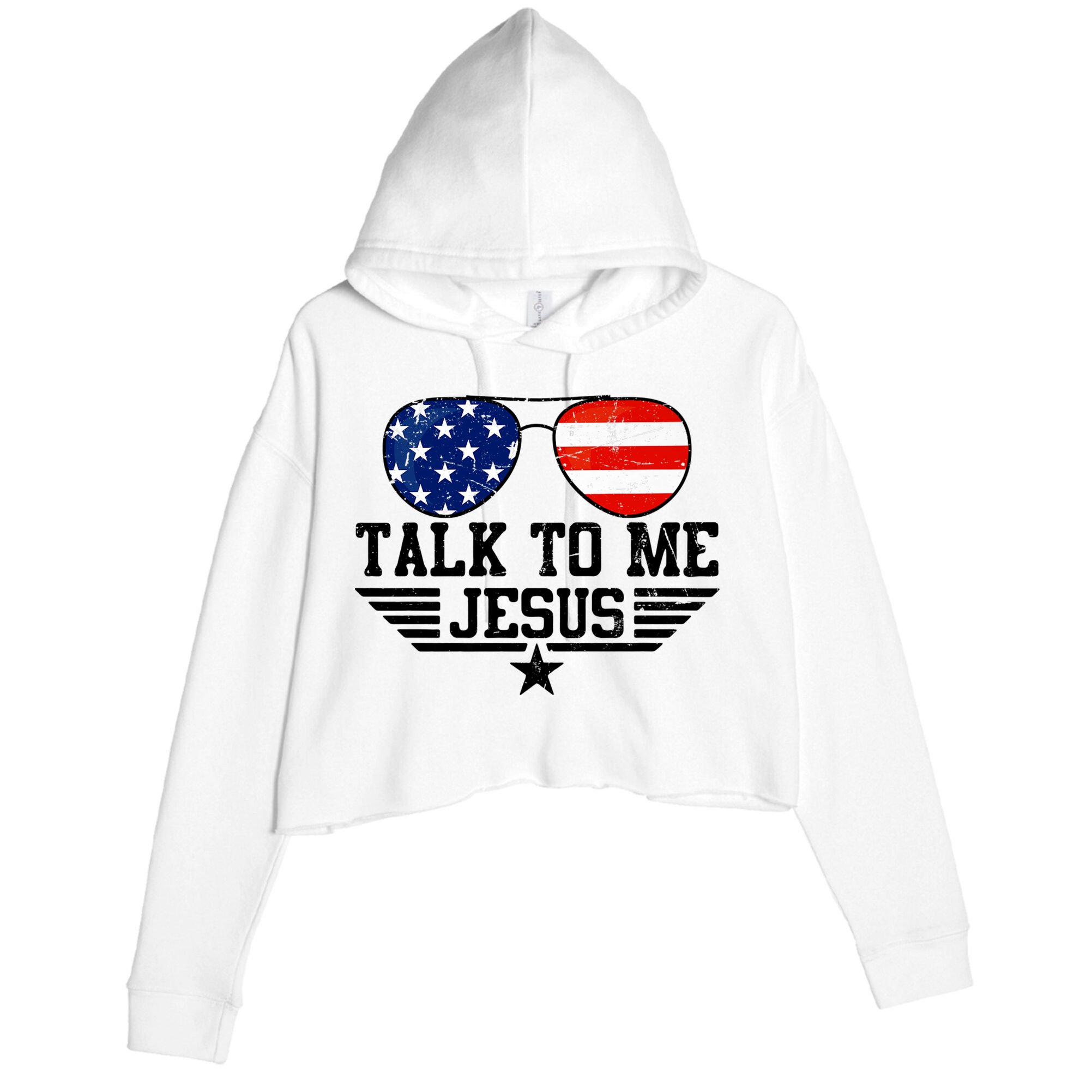 Talk To Me Jesus Glasses Usa Flag Crop Fleece Hoodie