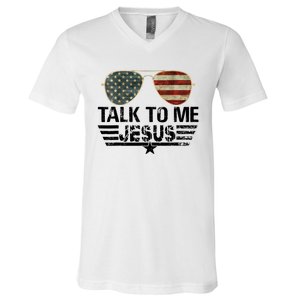 Talk To Me Jesus Glasses US Flag V-Neck T-Shirt