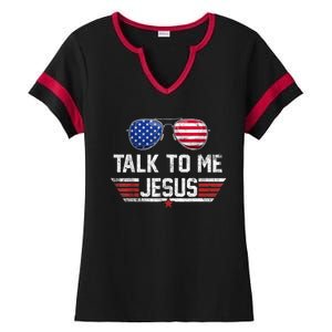 Talk To Me Jesus Glasses US Flag Ladies Halftime Notch Neck Tee