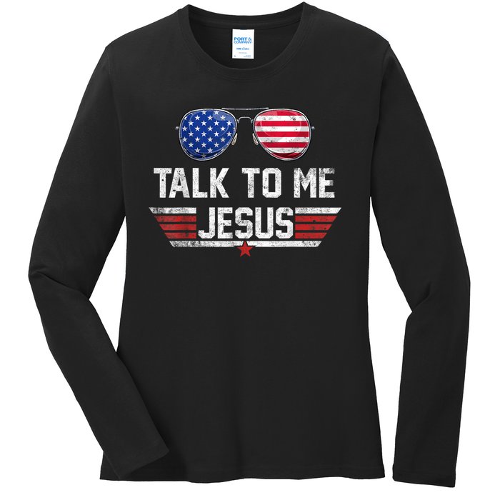 Talk To Me Jesus Glasses US Flag Ladies Long Sleeve Shirt