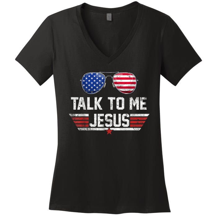 Talk To Me Jesus Glasses US Flag Women's V-Neck T-Shirt