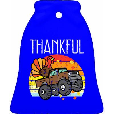 Thankful Turkey Monster Truck Retro Thanksgiving Ceramic Bell Ornament