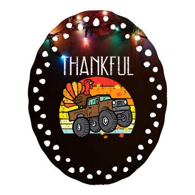 Thankful Turkey Monster Truck Retro Thanksgiving Ceramic Oval Ornament