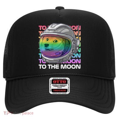 To The Moon Colorful Astronaut DOGE Cryptocurrency High Crown Mesh Back Trucker Hat