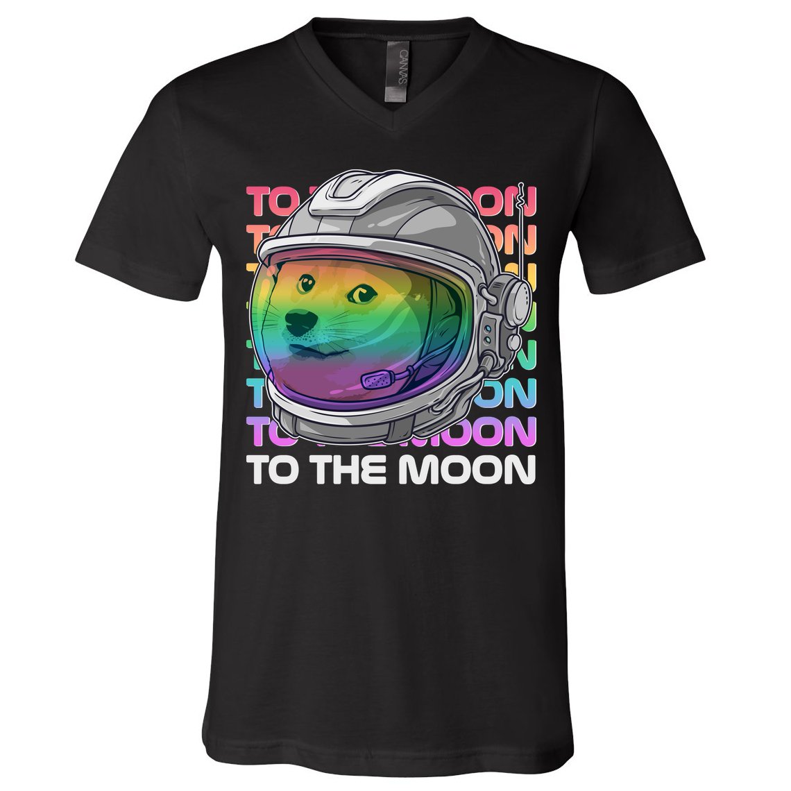 To The Moon Colorful Astronaut DOGE Cryptocurrency V-Neck T-Shirt