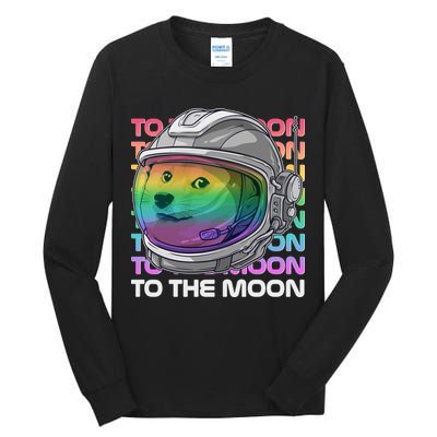 To The Moon Colorful Astronaut DOGE Cryptocurrency Tall Long Sleeve T-Shirt