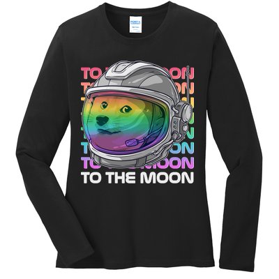 To The Moon Colorful Astronaut DOGE Cryptocurrency Ladies Long Sleeve Shirt