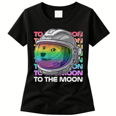 To The Moon Colorful Astronaut DOGE Cryptocurrency Womens T-Shirt