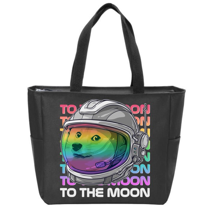 To The Moon Colorful Astronaut DOGE Cryptocurrency Zip Tote Bag