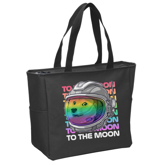 To The Moon Colorful Astronaut DOGE Cryptocurrency Zip Tote Bag