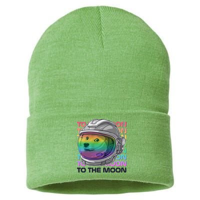 To The Moon Colorful Astronaut DOGE Cryptocurrency Sustainable Knit Beanie