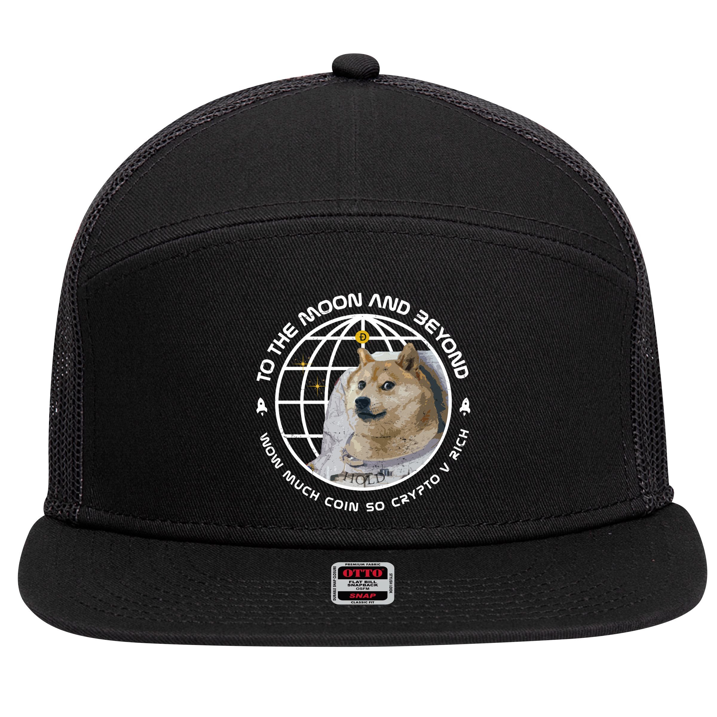 To The Moon And Beyond Doge Coin Crypto 7 Panel Mesh Trucker Snapback Hat