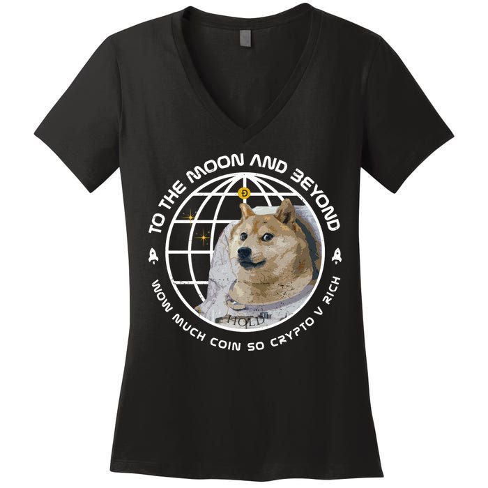 To The Moon And Beyond Doge Coin Crypto Women's V-Neck T-Shirt