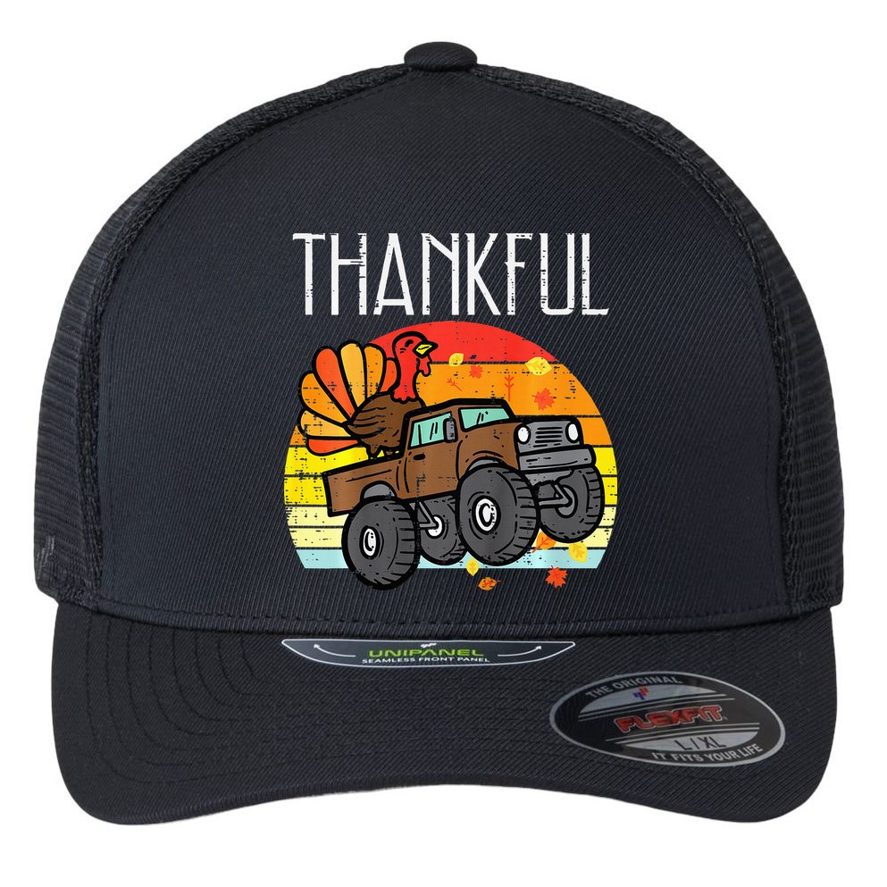 Thankful Turkey Monster Truck Retro Thanksgiving Flexfit Unipanel Trucker Cap