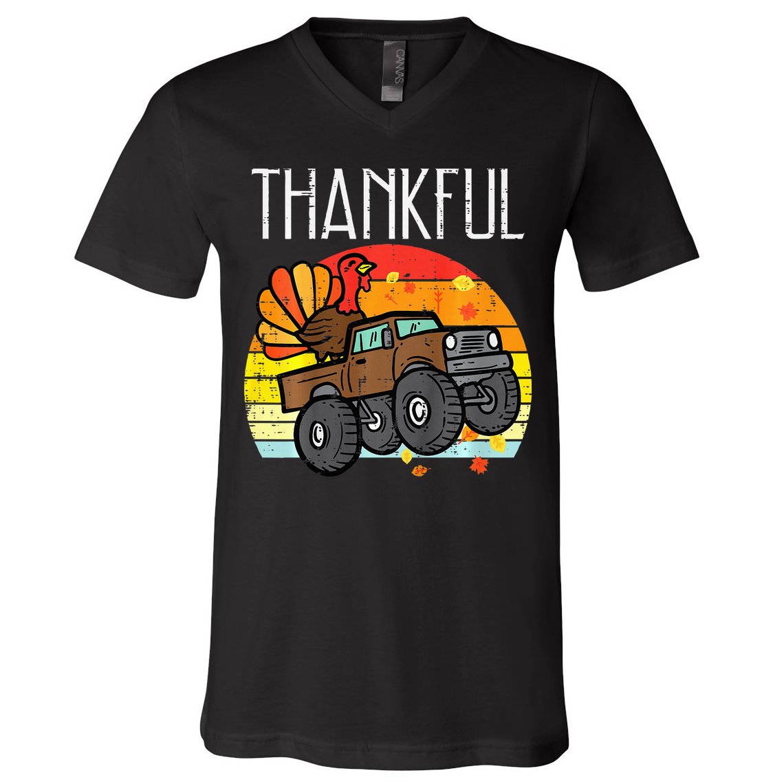 Thankful Turkey Monster Truck Retro Thanksgiving V-Neck T-Shirt