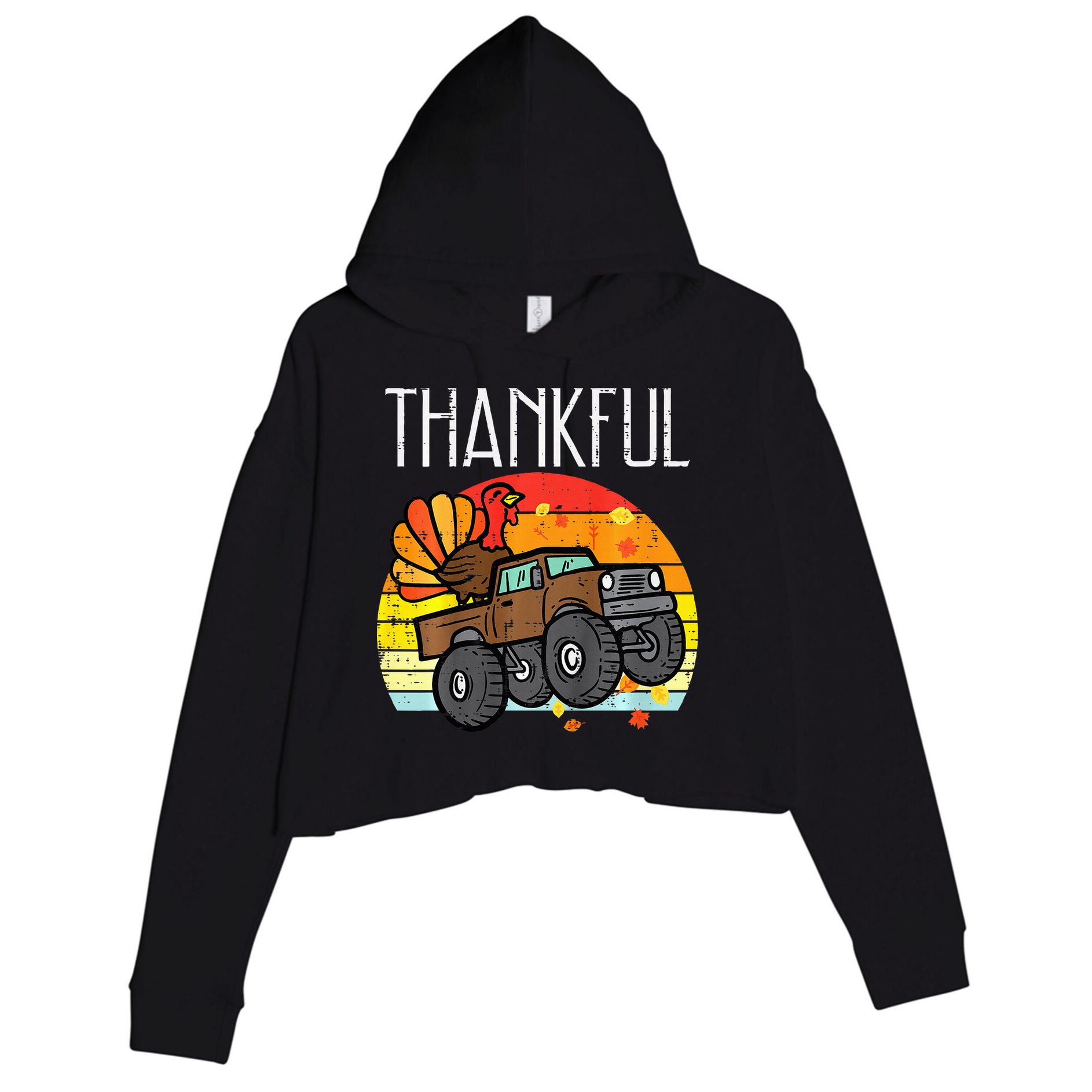 Thankful Turkey Monster Truck Retro Thanksgiving Crop Fleece Hoodie