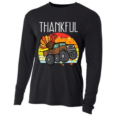 Thankful Turkey Monster Truck Retro Thanksgiving Cooling Performance Long Sleeve Crew
