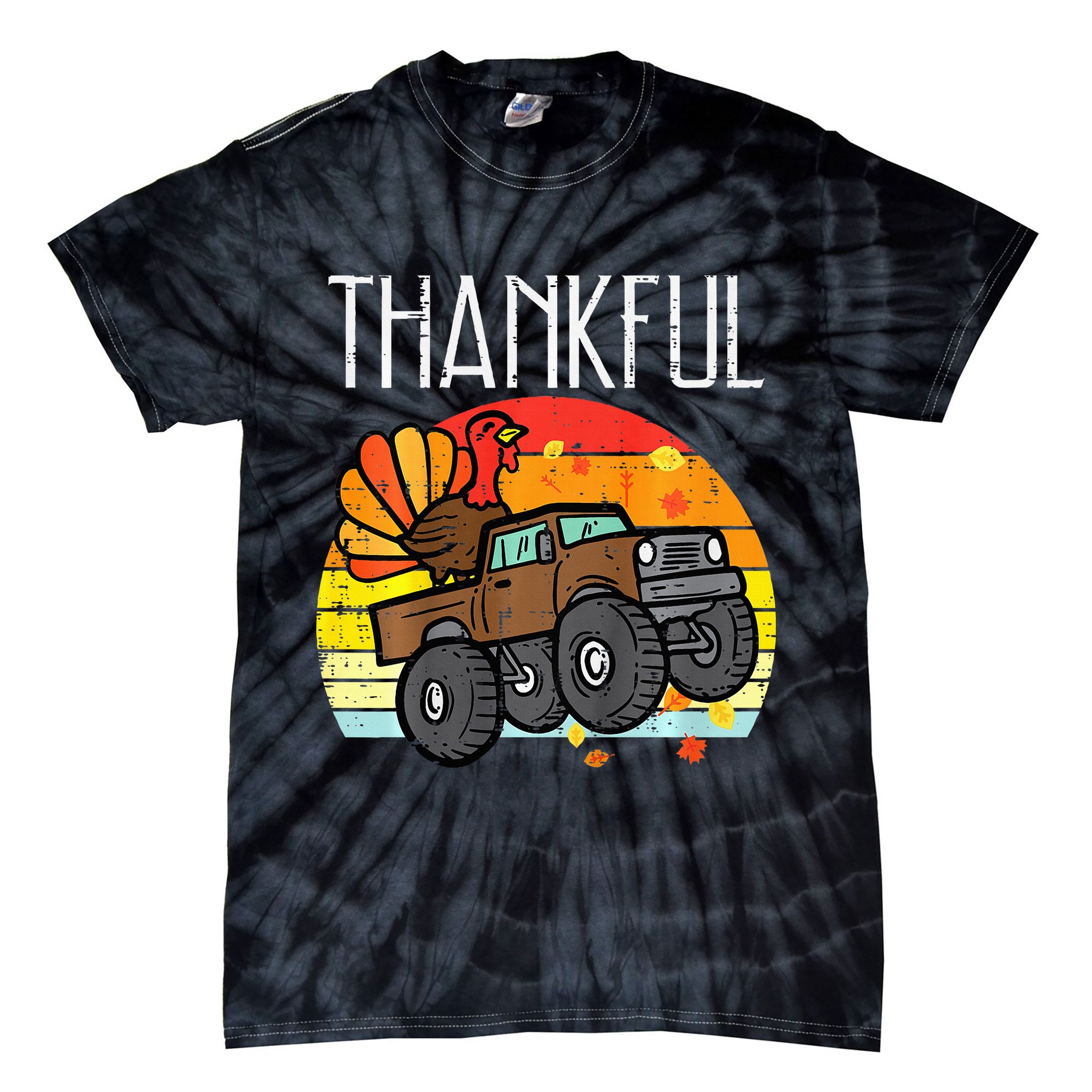 Thankful Turkey Monster Truck Retro Thanksgiving Tie-Dye T-Shirt