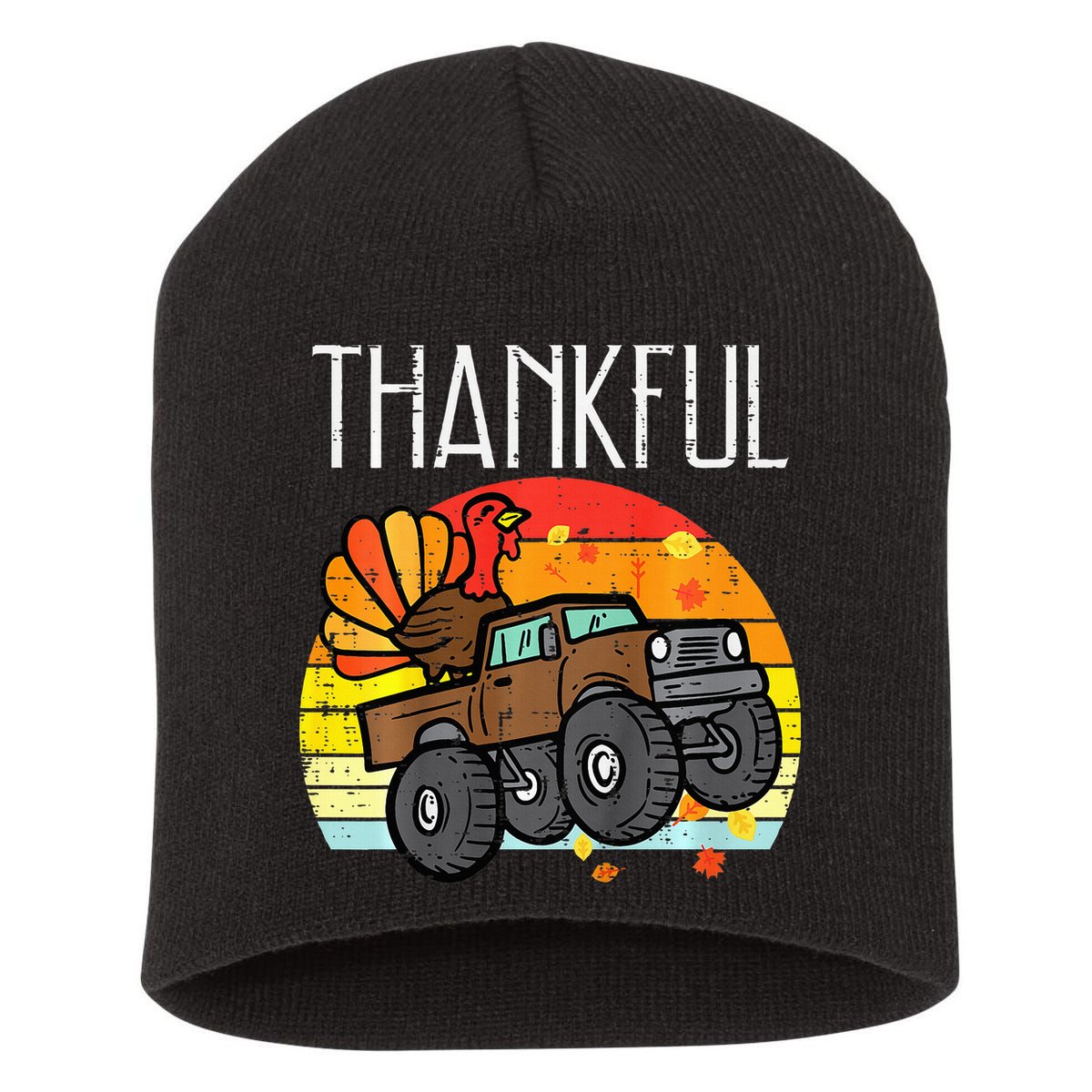 Thankful Turkey Monster Truck Retro Thanksgiving Short Acrylic Beanie