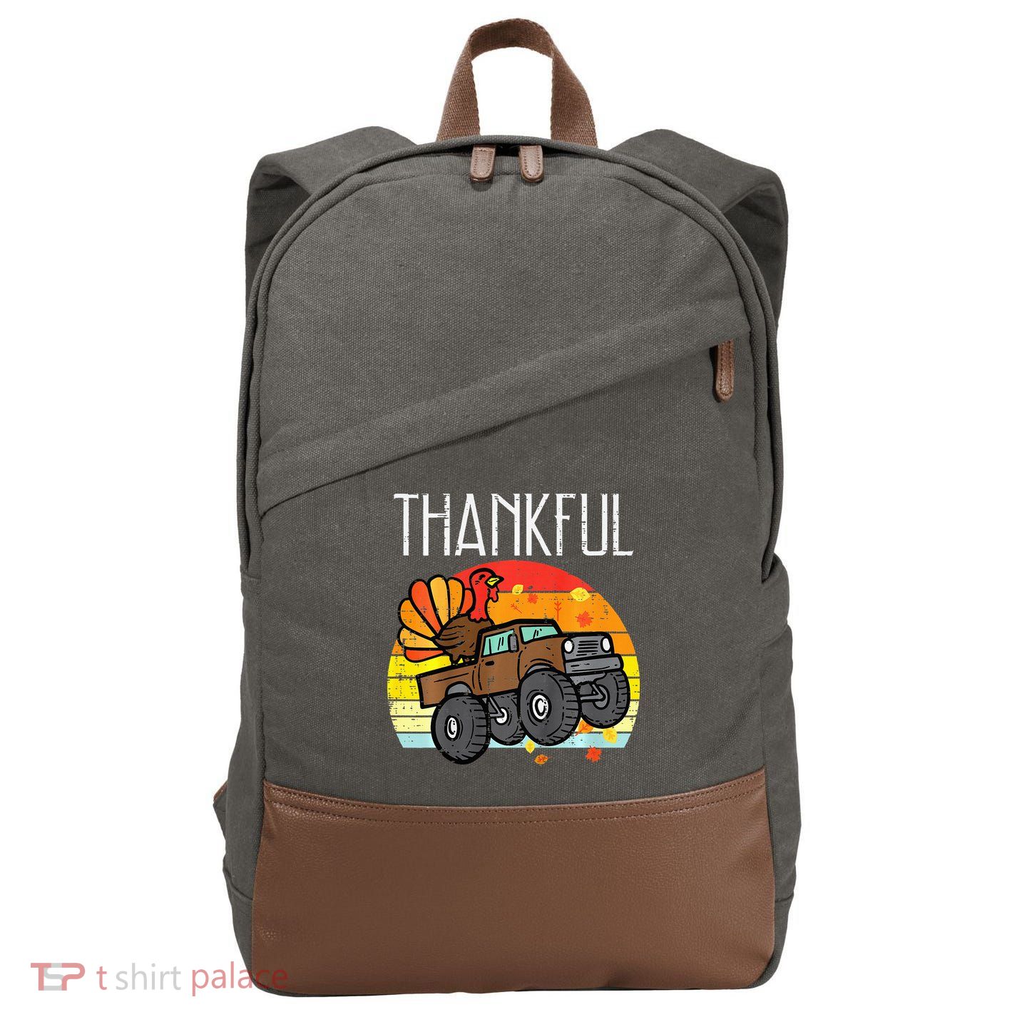 Thankful Turkey Monster Truck Retro Thanksgiving Cotton Canvas Backpack