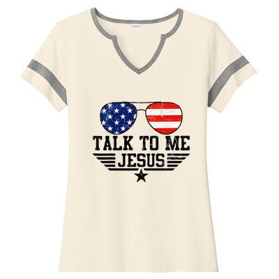 Talk To me Jesus Glasses Usa Flag Ladies Halftime Notch Neck Tee