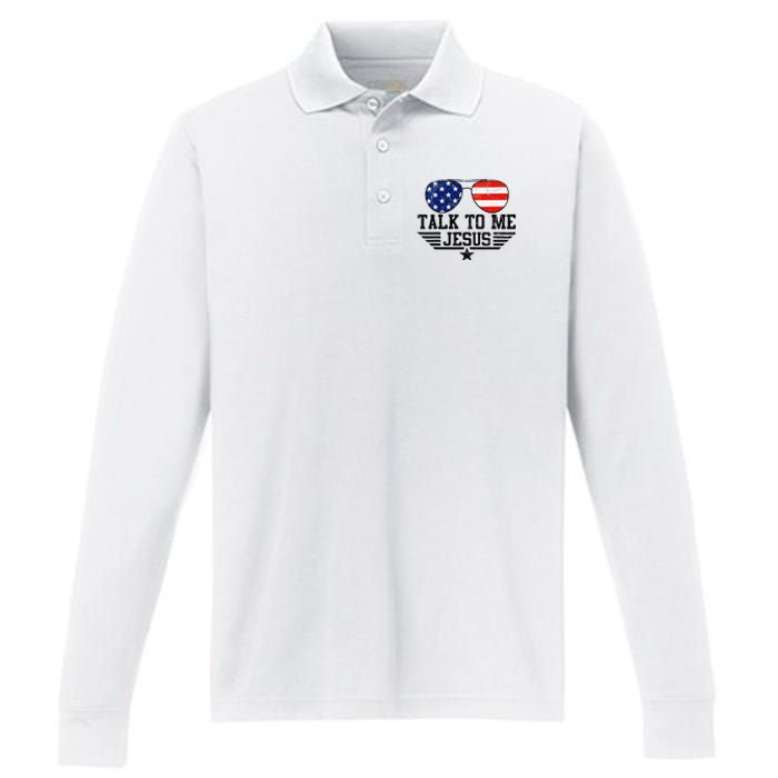 Talk To me Jesus Glasses Usa Flag Performance Long Sleeve Polo