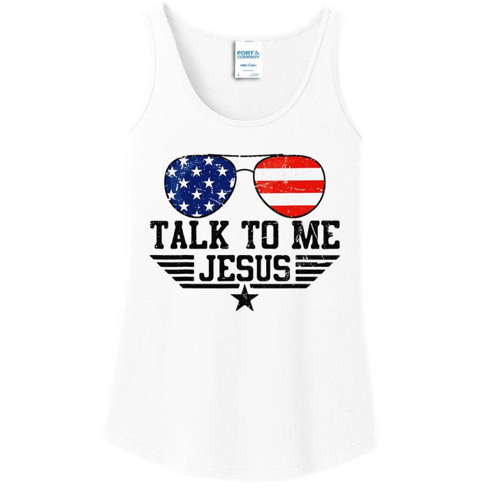 Talk To me Jesus Glasses Usa Flag Ladies Essential Tank