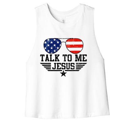 Talk To me Jesus Glasses Usa Flag Women's Racerback Cropped Tank