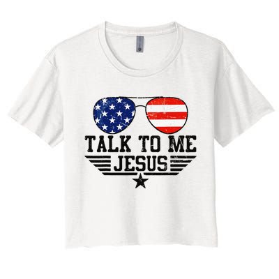 Talk To me Jesus Glasses Usa Flag Women's Crop Top Tee