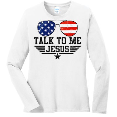 Talk To me Jesus Glasses Usa Flag Ladies Long Sleeve Shirt