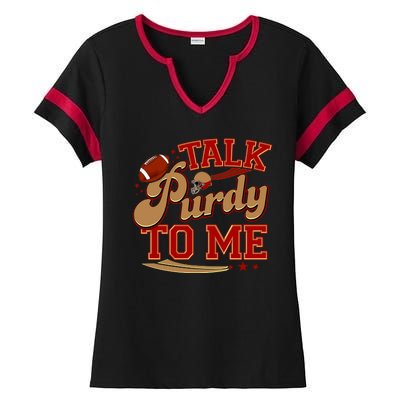 Talk Purdy To Me Football Purty Sports Fan Ladies Halftime Notch Neck Tee