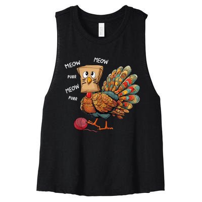 Thanksgiving Turkey Meow IM A Cat Funny Thanksgiving Women's Racerback Cropped Tank