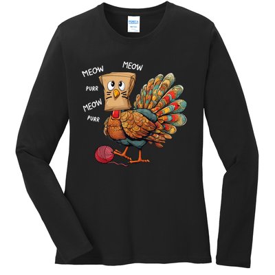 Thanksgiving Turkey Meow IM A Cat Funny Thanksgiving Ladies Long Sleeve Shirt