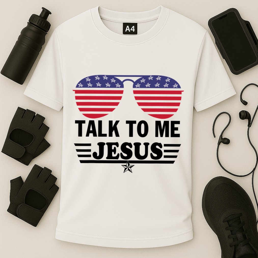 Talk To Me Jesus Glasses US Flag Cooling Performance Crew T-Shirt