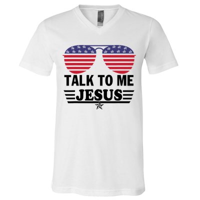 Talk To Me Jesus Glasses US Flag V-Neck T-Shirt