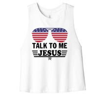 Talk To Me Jesus Glasses US Flag Women's Racerback Cropped Tank