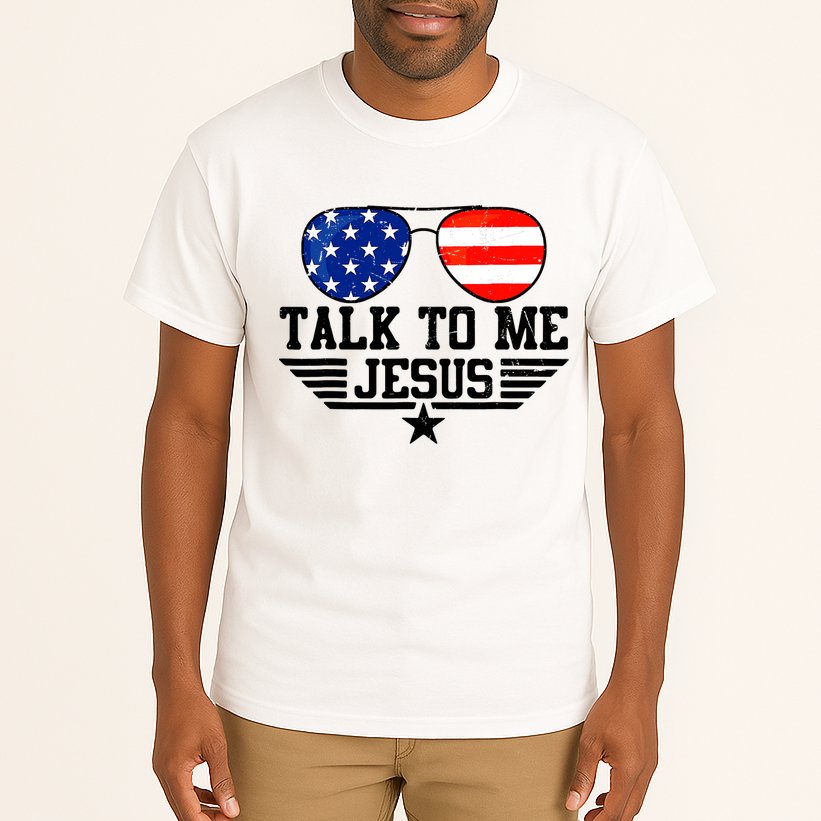 Talk To Me Jesus Glasses Usa Flag Christian Sunglasses Tall T-Shirt