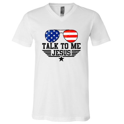 Talk To Me Jesus Glasses Usa Flag Christian Sunglasses V-Neck T-Shirt