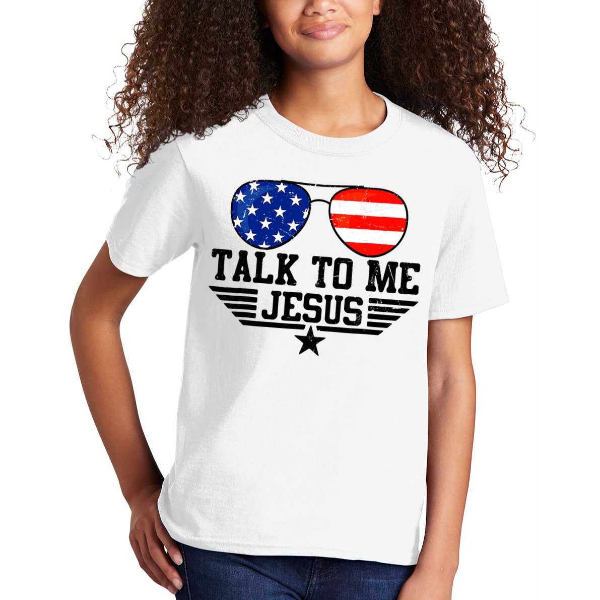 Talk To Me Jesus Glasses Usa Flag Christian Sunglasses Kids T-Shirt
