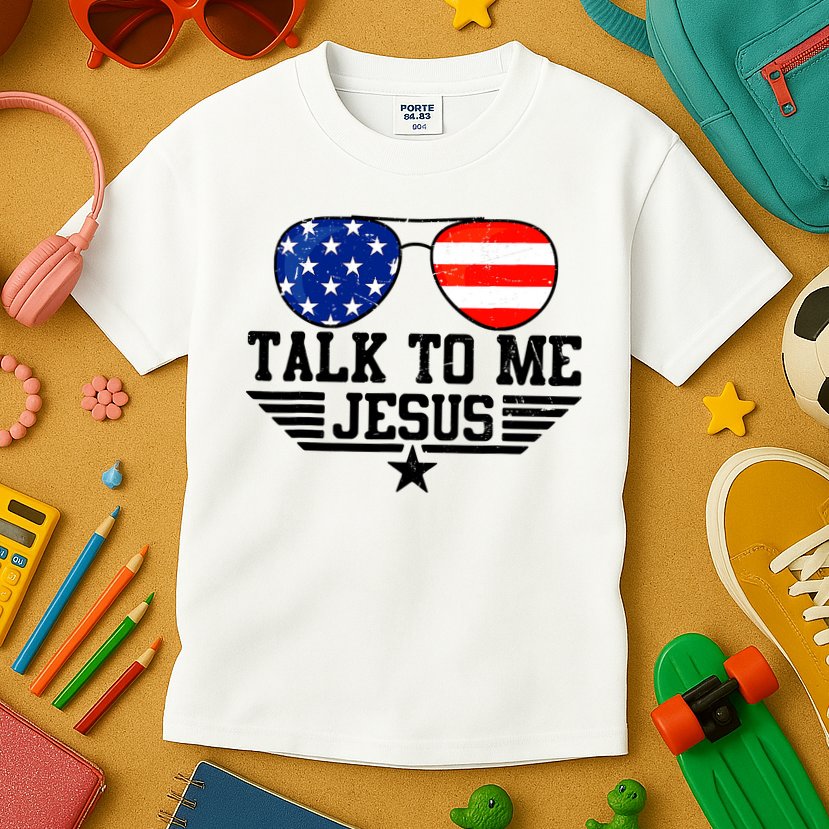 Talk To Me Jesus Glasses Usa Flag Christian Sunglasses Kids T-Shirt