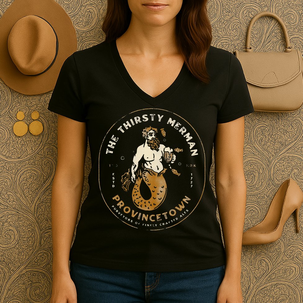 The Thirsty Merman Provincetown Cape Cod Massachusetts Women's V-Neck T-Shirt