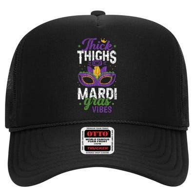 Thick Thighs Mardi Gras Vibes New Orleans Party Graphic High Crown Mesh Back Trucker Hat