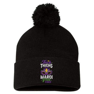 Thick Thighs Mardi Gras Vibes New Orleans Party Graphic Pom Pom 12in Knit Beanie