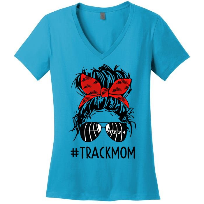 #Trackmom Track Mom Messy Bun Marathon Running Mother's Day Gift Women's V-Neck T-Shirt