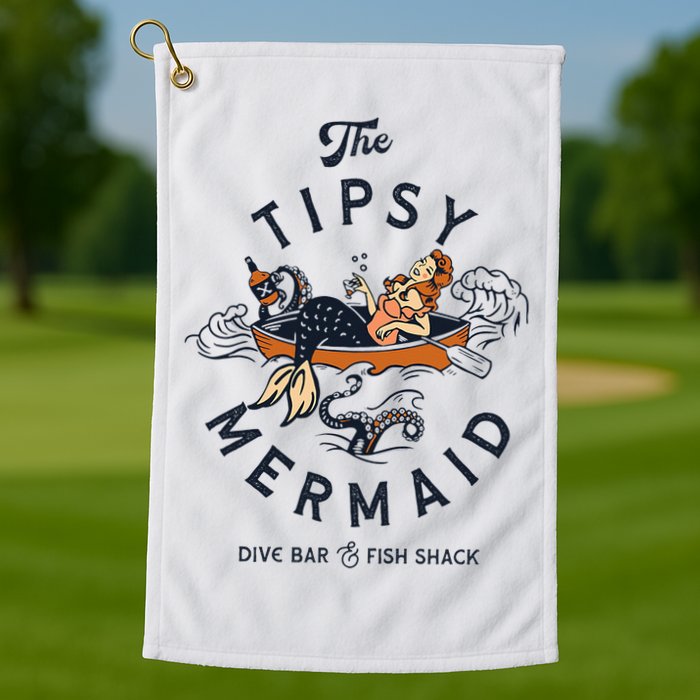 The Tipsy Mermaid Dive Bar & Fish Shack Vintage Pinup Art Golf Towel