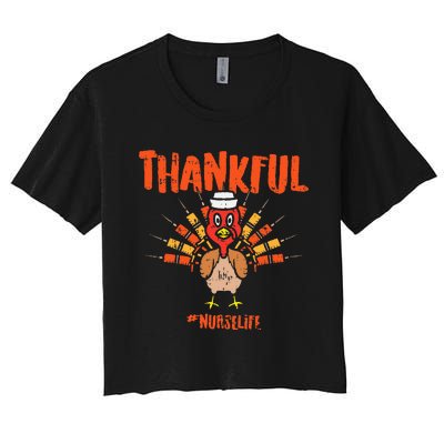 Thankful Turkey Nurse Life Cute Thanksgiving Fall Women's Crop Top Tee