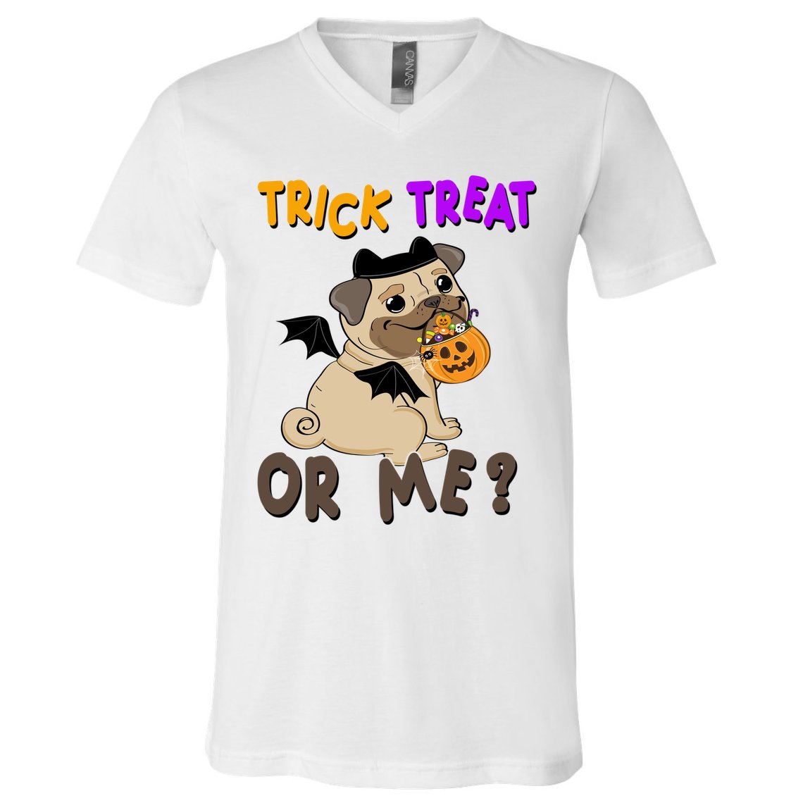 Trick Treat Or Me Pug Dog Halloween V-Neck T-Shirt