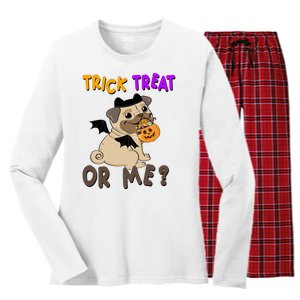 Trick Treat Or Me Pug Dog Halloween Women's Long Sleeve Flannel Pajama Set 